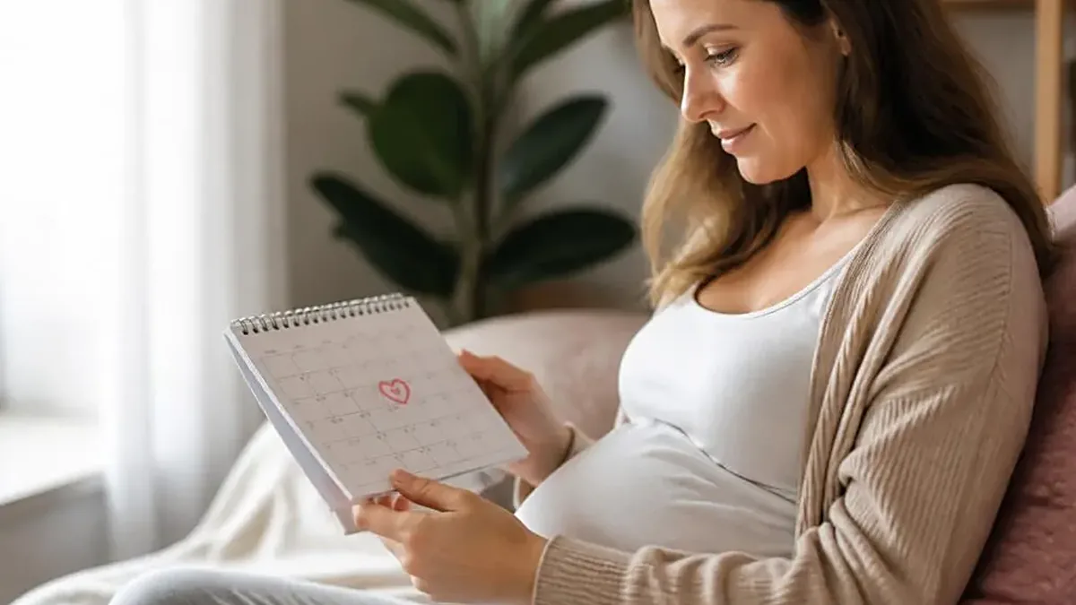 Mulher grávida a marcar datas num calendário em casa, exemplo da calculadora de gravidez e ovulação