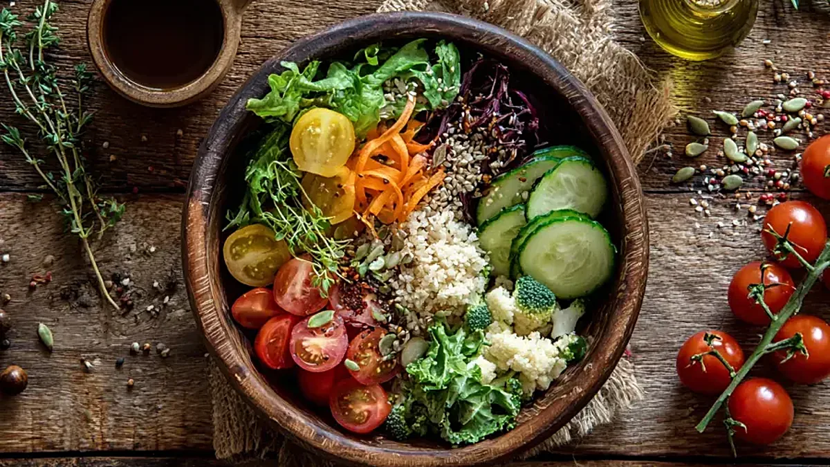 Prato de comida saudável com legumes frescos e estilo de vida equilibrado, exemplo da calculadora de IMC