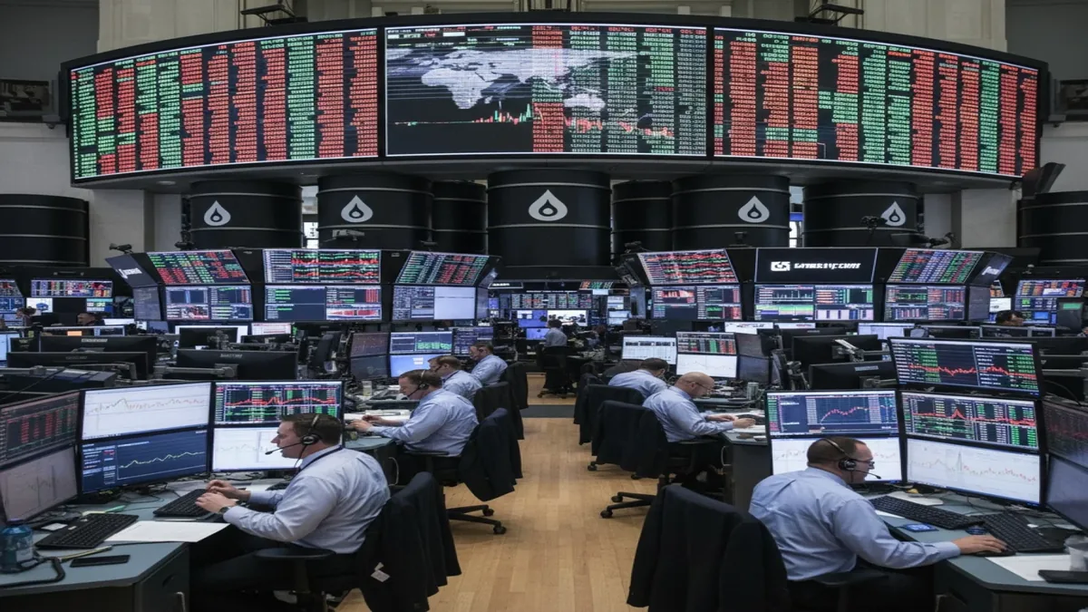 Gráfico de bolsa em crescimento num ecrã de negociação, exemplo da calculadora de mais-valias de ações e ETFs