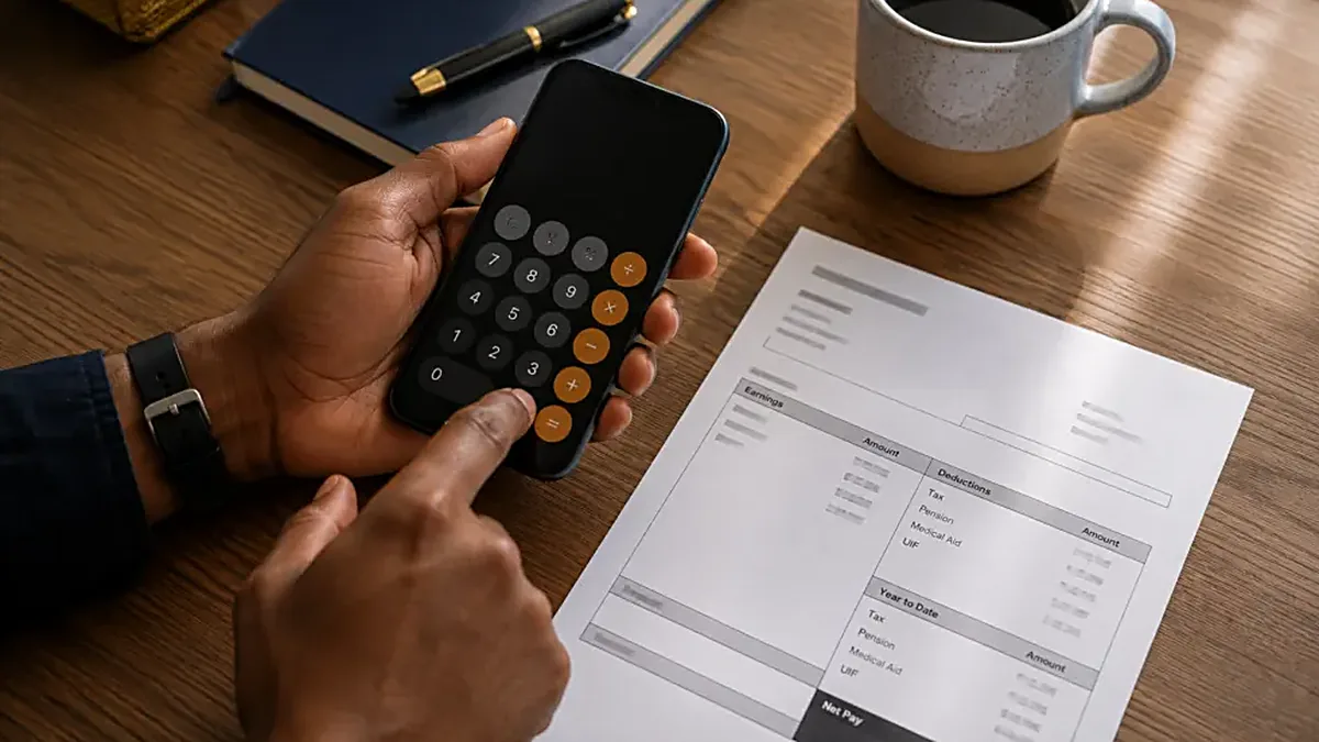 Trabalhador a conferir o recibo de vencimento com uma calculadora, exemplo de uso da calculadora de salário líquido
