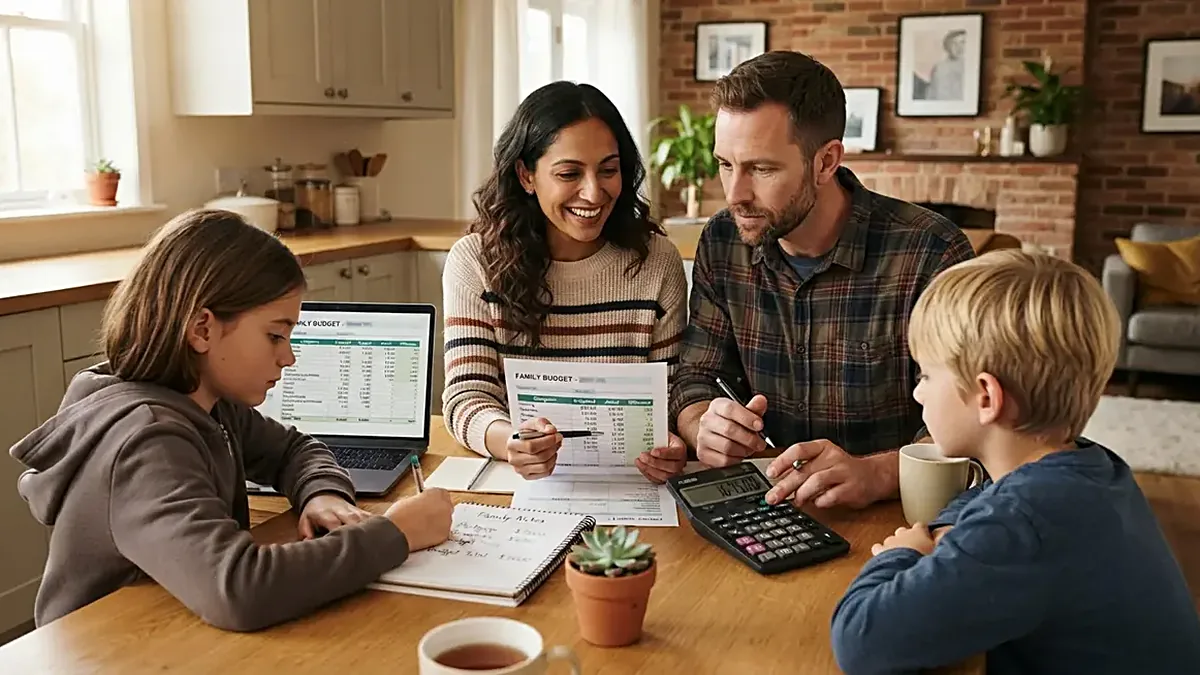 Família a fazer o orçamento mensal à mesa da cozinha com calculadora, exemplo da calculadora de taxa de esforço