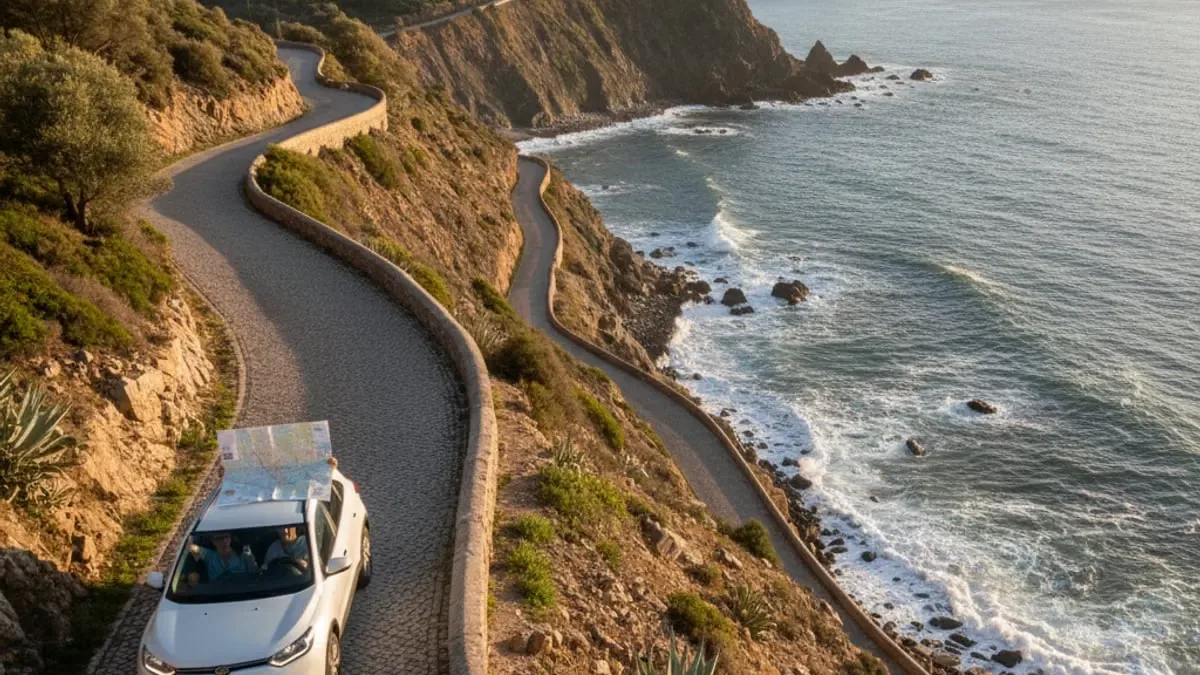 Carro a circular numa estrada costeira em Portugal, ferramentas de carros e mobilidade