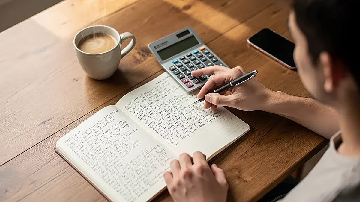 Pessoa a planear as finanças pessoais com caderno e café, exemplo do simulador de crédito pessoal
