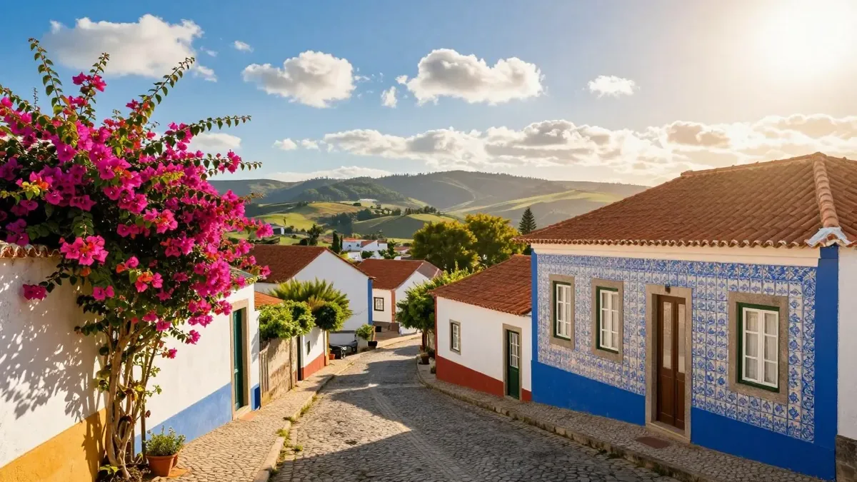 Rua de aldeia portuguesa com casas tradicionais, exemplo do simulador de IMI