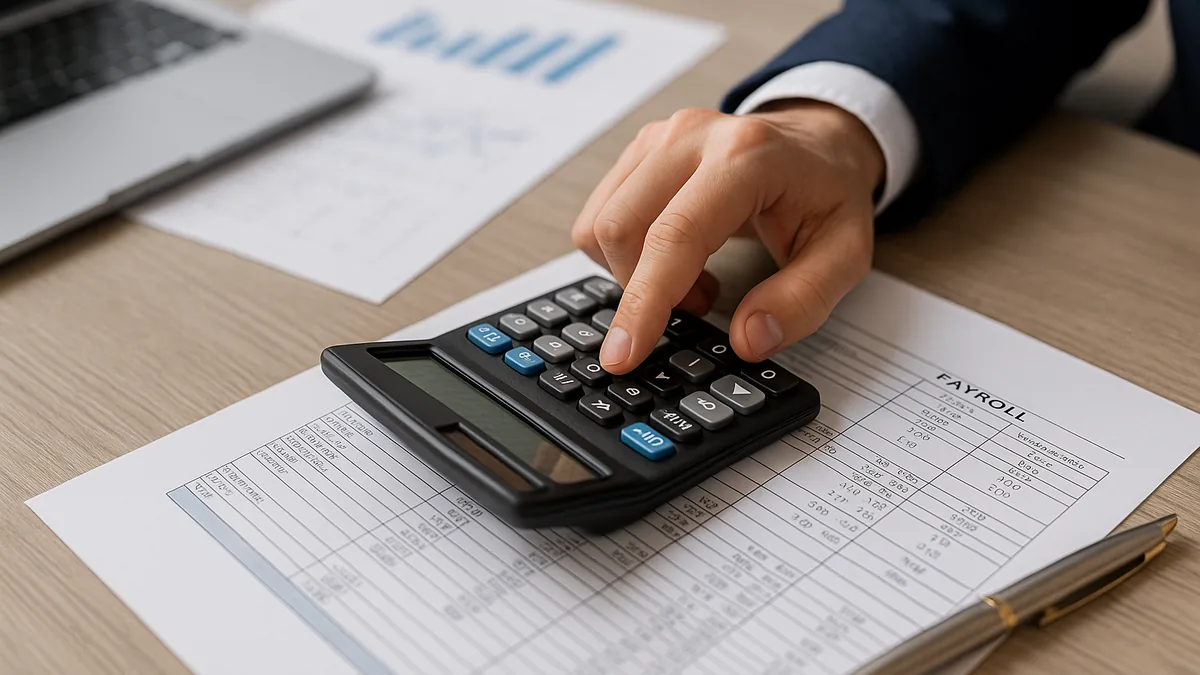Recibo de vencimento e calculadora sobre a secretária, exemplo do simulador de retenção na fonte